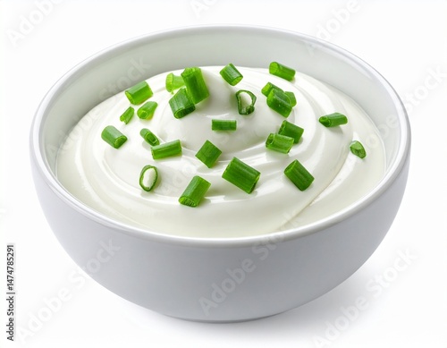 A white ceramic bowl filled with smooth, creamy sour cream, topped with finely chopped fresh green onions, isolated