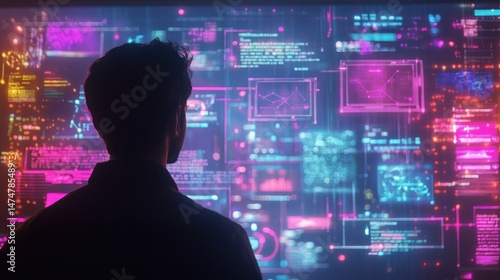 sentient content strategist, overseeing AI-driven content creation, neural network algorithms managing brand voice, digital media landscape with glowing projections