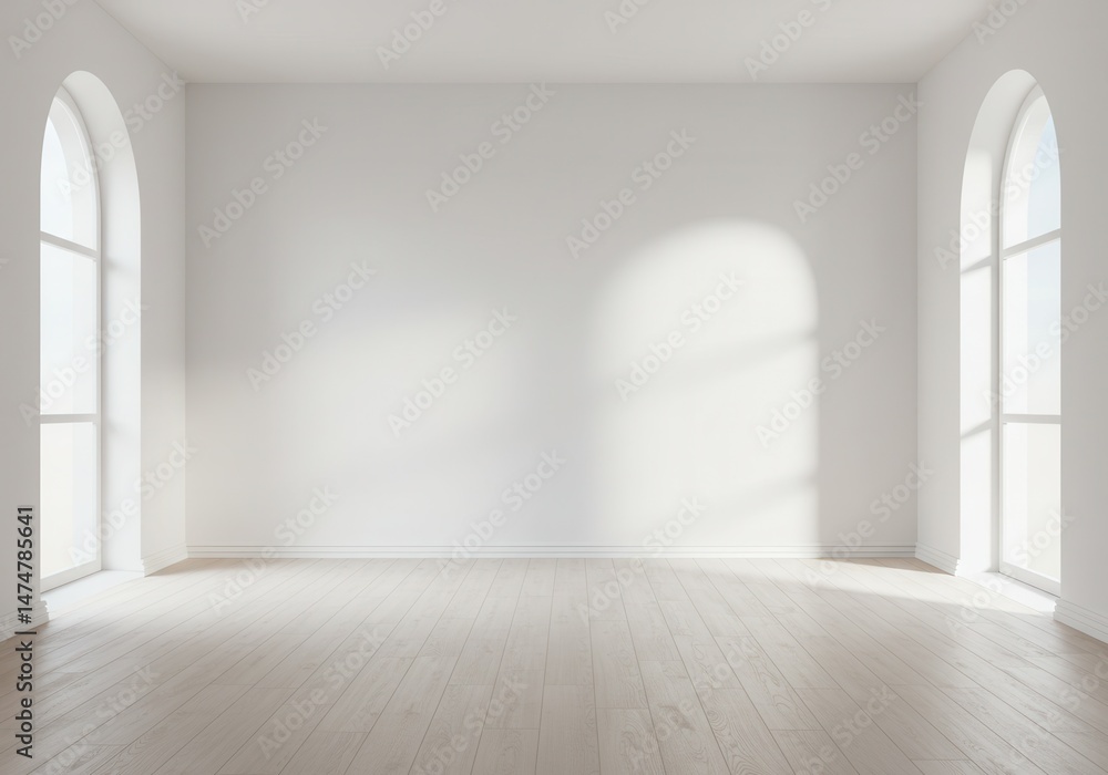 Obraz premium Empty room with white walls and arched windows casting light
