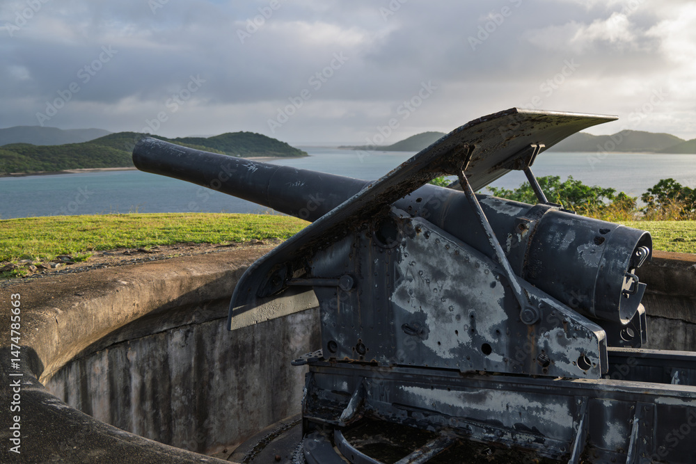 Fototapeta premium cannon on Green Hill Fort, Thursday Island, Torres Strait, Queensland Australia, historic world war 2 WW2 artillery coastal defence