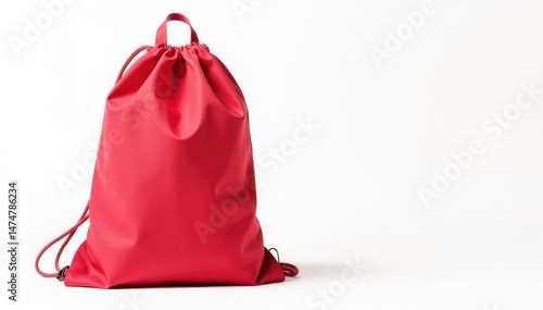 Single red canvas drawstring backpack isolated on white , white background, white