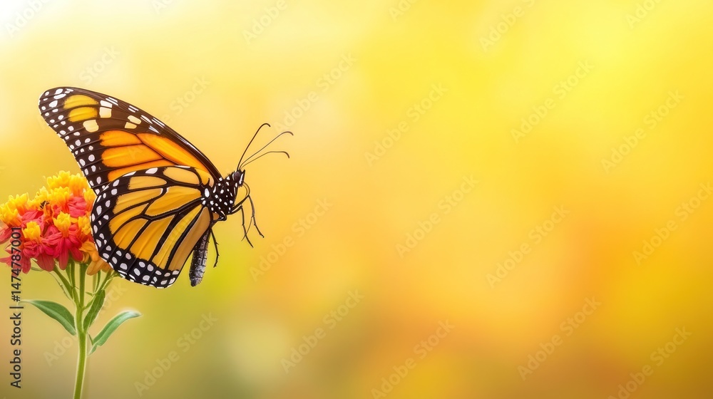 Fototapeta premium Monarch Butterfly on Lantana Flower in a Golden Meadow