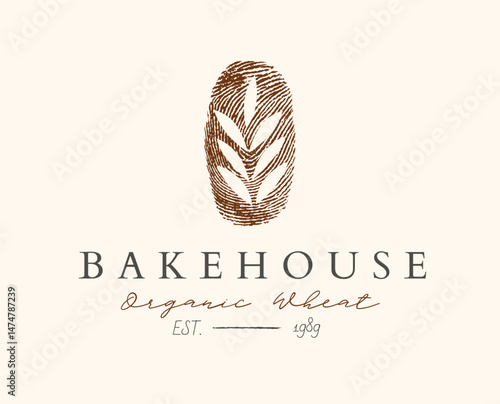 Bakehouse bakery fingerprint label design with lettering organic wheat drawing on beige background
