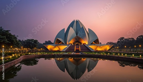 Lotus Temple at Dusk: A Stunning Reflection of Architectural Beauty