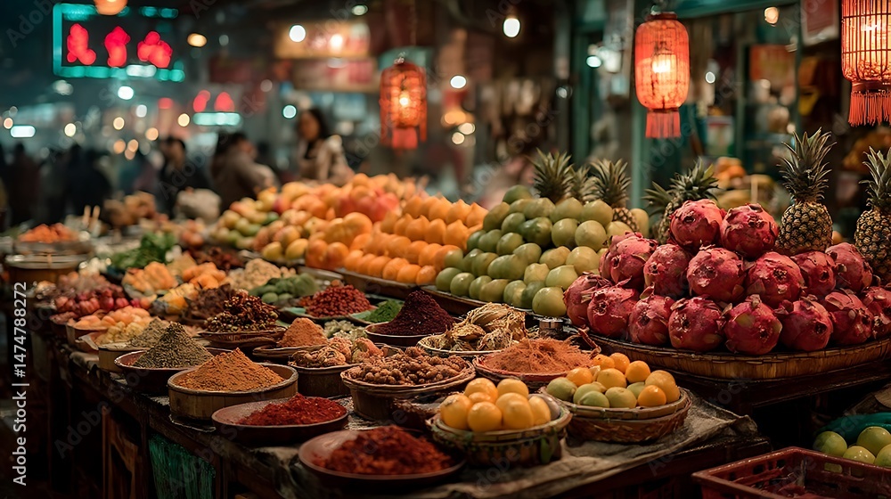 Obraz premium Vibrant Asian Night Market Displaying Exotic Fruits Spices and Herbs