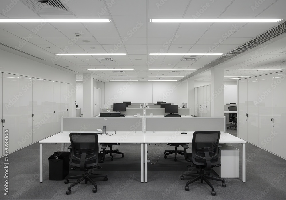 Empty office space with desks, chairs, and computer monitors in a bright interior Empty office space with desks, chairs, and computer monitors in a bright interior