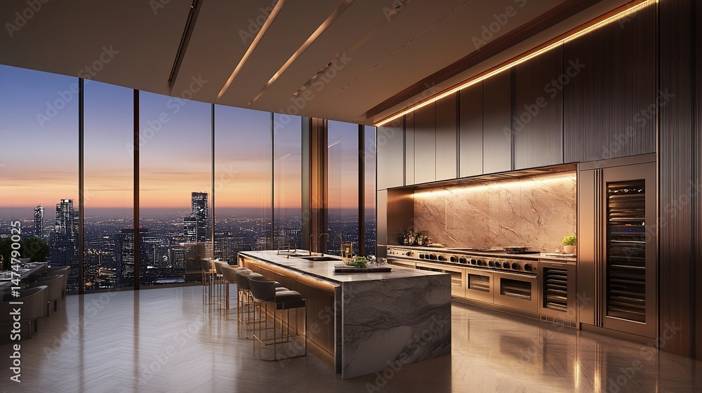 Obraz premium Luxurious penthouse kitchen with city sunset view