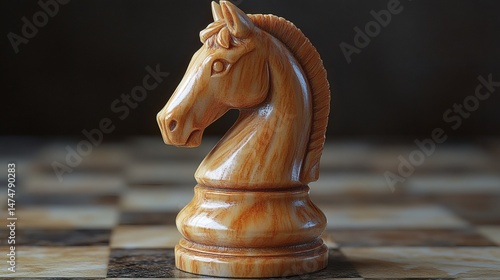 Elegant chess knight piece on a board with a dark background providing a sense of strategy and intellectual gamesmanship