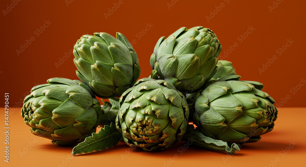 Obraz premium Close Up of a Pile of Fresh Green Artichokes on a Brown Background with Detailed Texture and Natural Light