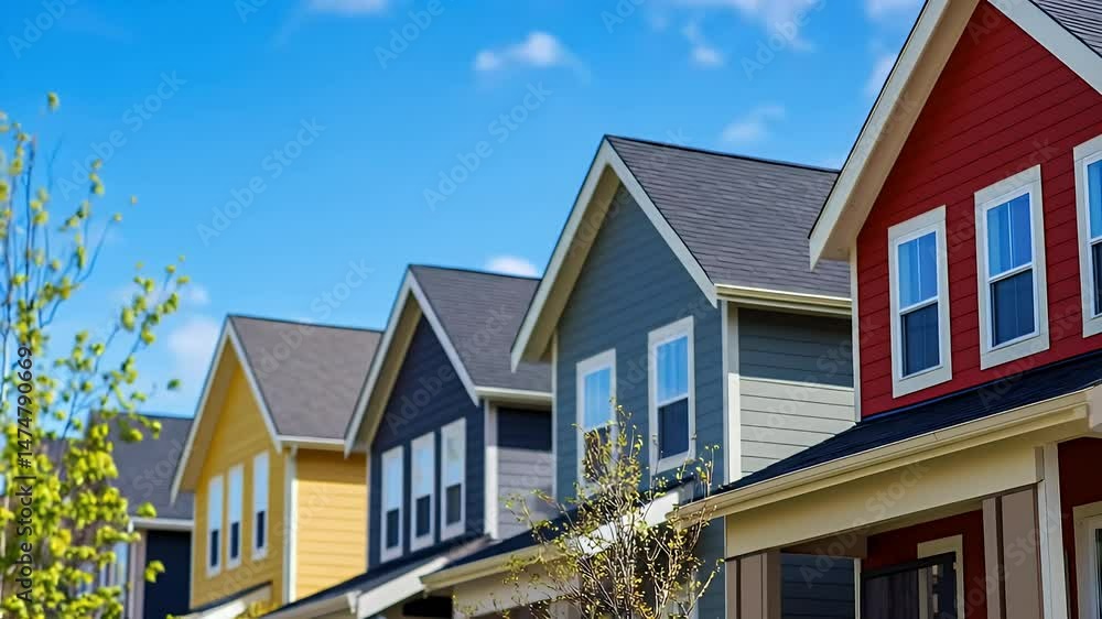 Row of Colorful Houses with Yellow Navy Gray and Red Under Clear Blue Sky in a Residential Neighborhood Exteriors Row of Colorful Houses with Yellow Navy Gray and Red Under Clear Blue Sky in a Residential Neighborhood Exteriors