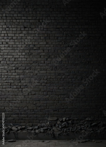 Dark, textured black brick wall; crumbling mortar, shadows, grunge ,  urban,  element,  atmospheric