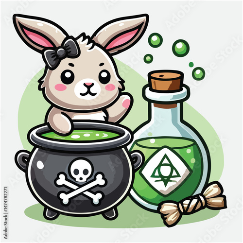 Cute Rabbit with Cauldron Poison Cartoon Vector Icon Illustration