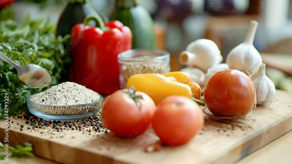 Fresh Organic Vegetables Like Tomatoes and Peppers with Cilantro Arranged on a Rustic Wooden Surface Bathed in Natural Fresh Organic Vegetables Like Tomatoes and Peppers with Cilantro Arranged on a Rustic Wooden Surface Bathed in Natural