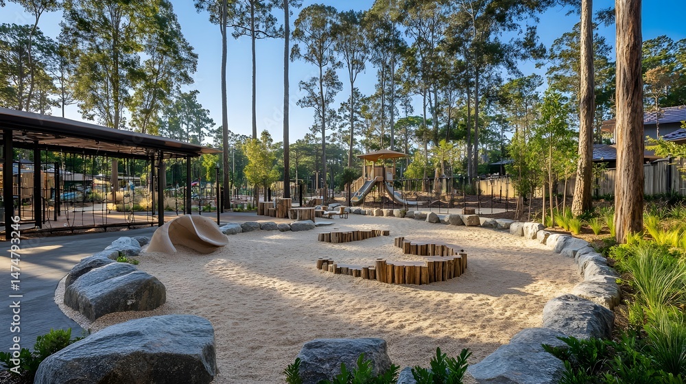 custom made wallpaper toronto digitalOutdoor children's play area with natural elements.