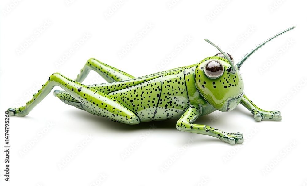 Detailed, vibrant green grasshopper figurine. A meticulously crafted, three-dimensional representation of a grasshopper, lying on its side, Detailed, vibrant green grasshopper figurine. A meticulously crafted, three-dimensional representation of a grasshopper, lying on its side,