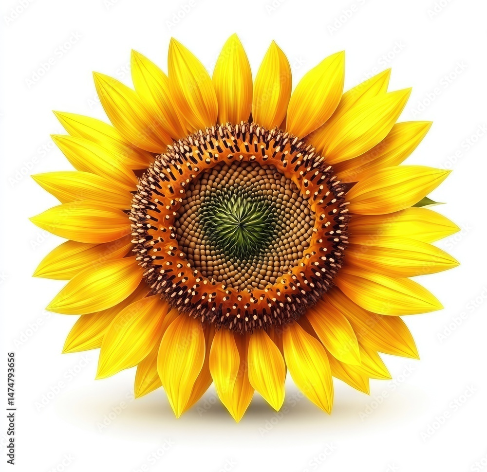 Vibrant sunflower with a detailed center. Petals are a rich yellow and the center is a combination of brown and green. A clear, bright white background displays the full form of the flower Vibrant sunflower with a detailed center. Petals are a rich yellow and the center is a combination of brown and green. A clear, bright white background displays the full form of the flower