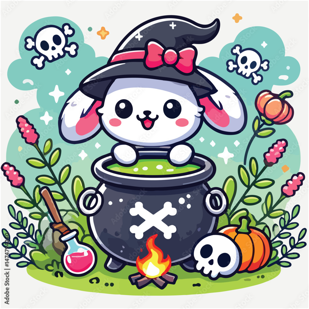 Naklejka premium Cute Rabbit with Cauldron Poison Cartoon Vector Icon Illustration