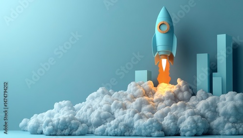 A rocket blasts off from clouds and charts climb