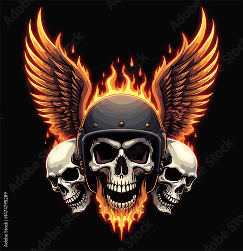 Biker vector t-shirt design with fire human skull,
motorcycle helmet, wings on black background.
Fashionable print for fabric, paper, men clothing,
hoodie, biker jacket. T shirt template.
