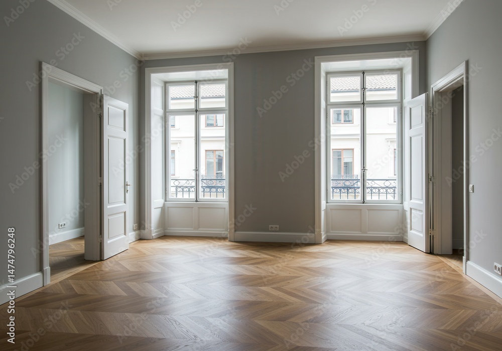 Fototapeta premium Empty room with parquet floor two windows and open doors in apartment