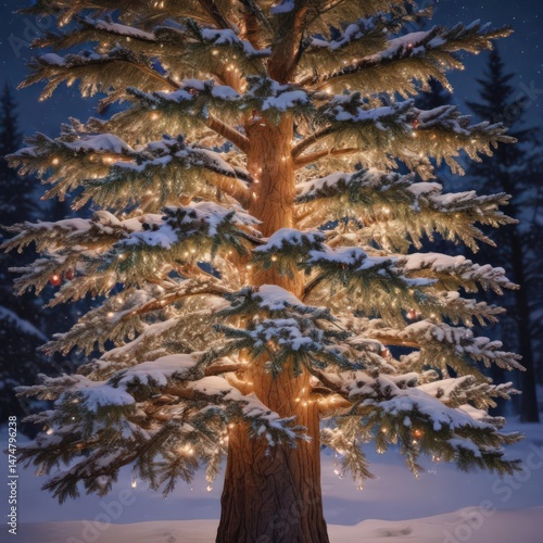 Glowing Christmas lights draped on a snow-dusted pine tree ,  cold,  decoration,  pine