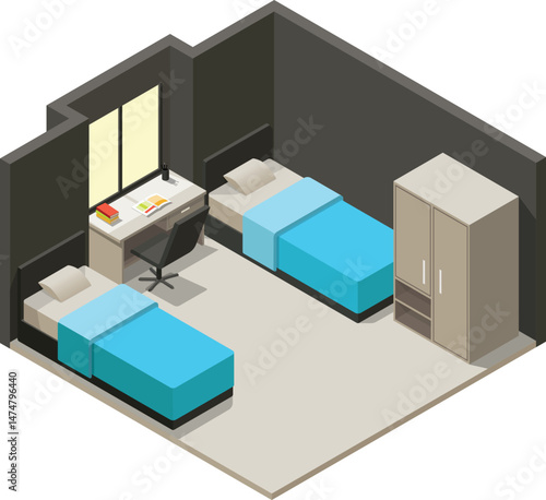 Isometric children bedroom with 2 beds