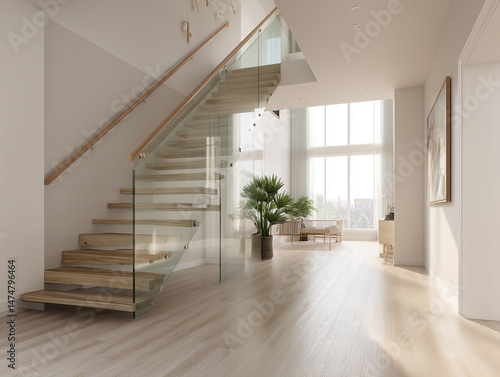 Modern staircase with glass railing in bright, washed color wood floor showing minimalist interior luxury apartment designer touch of decoration 