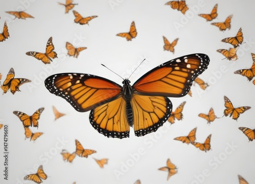 Vibrant monarch butterfly, wings spread wide, pristine white background,  flying,  macro