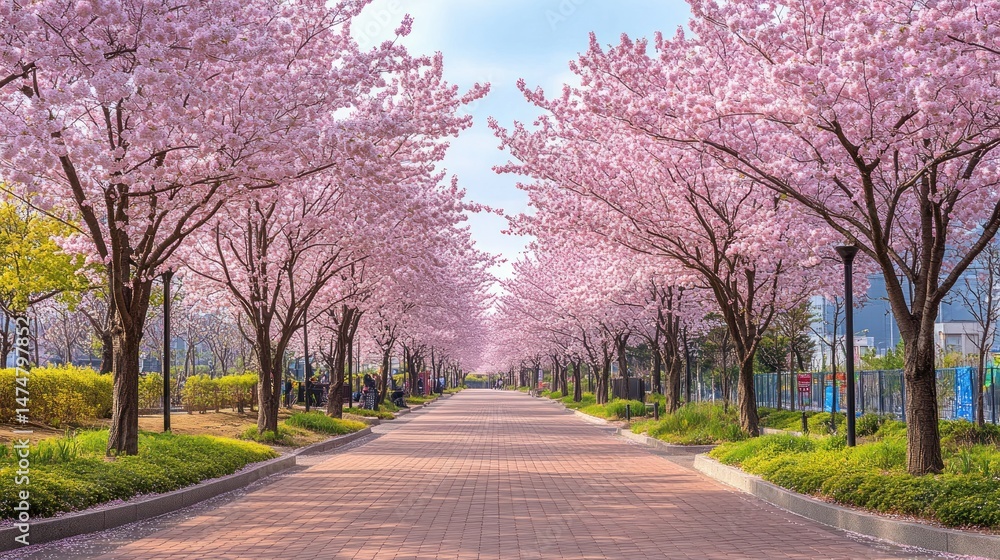 Naklejka premium A serene cherry blossom-lined avenue. Sunlight filters through the pastel pink blossoms, illuminating a paved path, leading into a vibrant park. Gentle breezes rustle through the blossoming trees