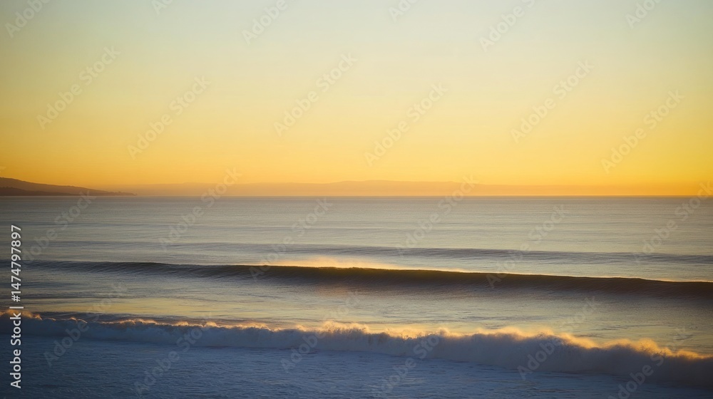Fototapeta premium Serene sunset over calm ocean waves with distant mountains and soft golden hues in the sky