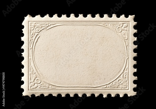 Vintage blank postage stamp, light beige, intricate border.  Detailed, textured paper, oval center