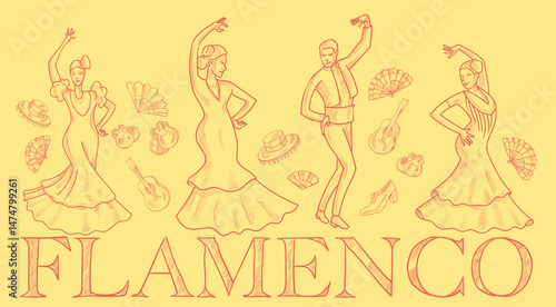 Elegant flamenco dancers hand drawn. vector horizontal background