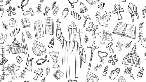 Horizontal Background Catholic Religious Elements with Doodle Line Art Illustration Style. Hand Drawn Vector