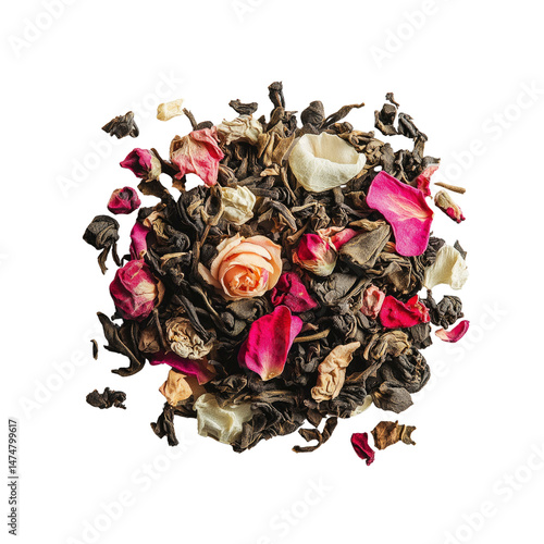 Aromatic Rose and Green Tea Blend Close-Up of Dried Flower Petals and Tea Leaves