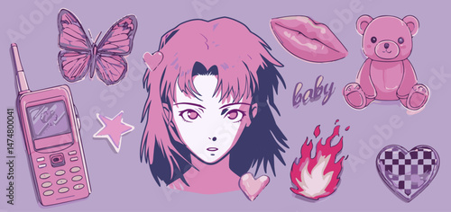Violet retro-anime vector illustration featuring a girl's face, teddy bears, butterfly, heart, phone, lips, and the text "baby." Stylish, dreamy, and nostalgic set of stickers.