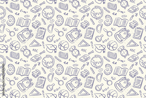 Seamless back to school pattern with doodle style book, globe, pencil, backpack and other education elements. DEsign for package, background.