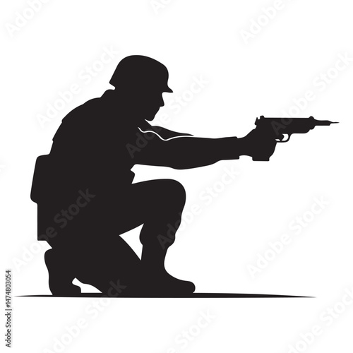 A crouching military army soldier or police swat man or person aiming a gun or handgun or pistol weapon silhouette shadow. War troops icon or symbol Vector Black silhouette. with white background