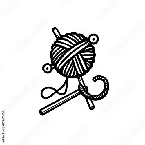 Monochrome knitting elements featuring yarn ball and needles for creative design