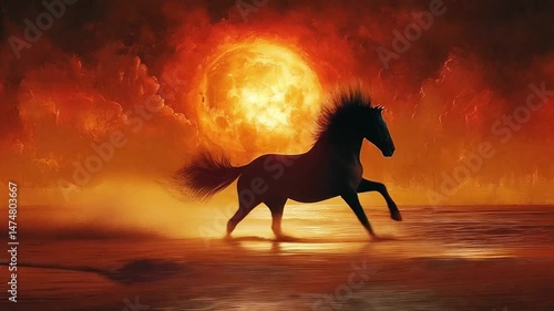 Horse galloping on the beach at sunset with red moon in the background