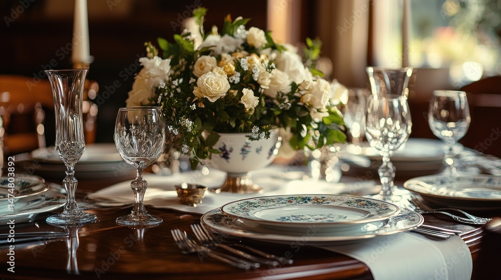 Elegant dining table setting with floral centerpiece Elegant dining table setting with floral centerpiece