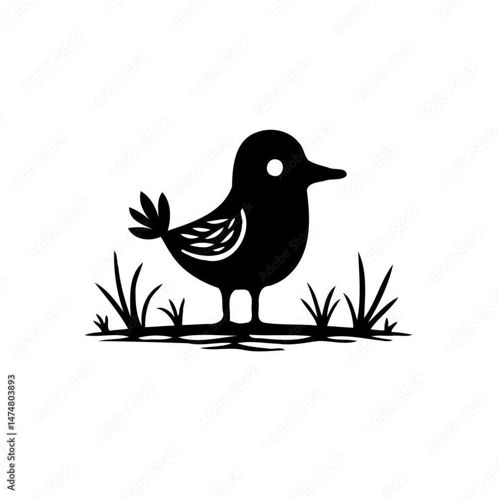 Obraz premium Stylized Silhouette of a Bird on Grass, Simple Graphic Illustration