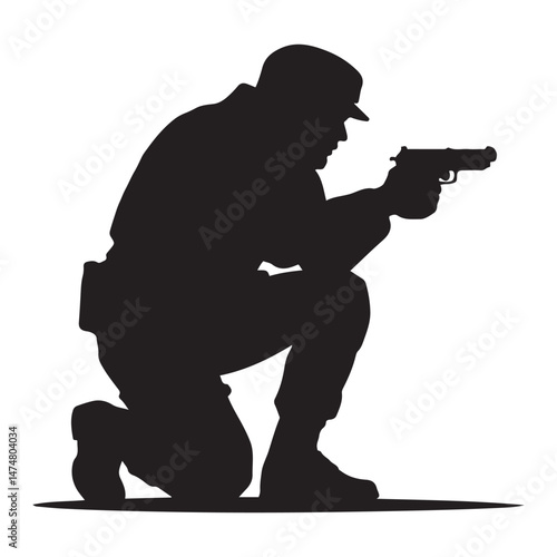 A crouching military army soldier or police swat man or person aiming a gun or handgun or pistol weapon silhouette shadow. War troops icon or symbol Vector Black silhouette. with white background