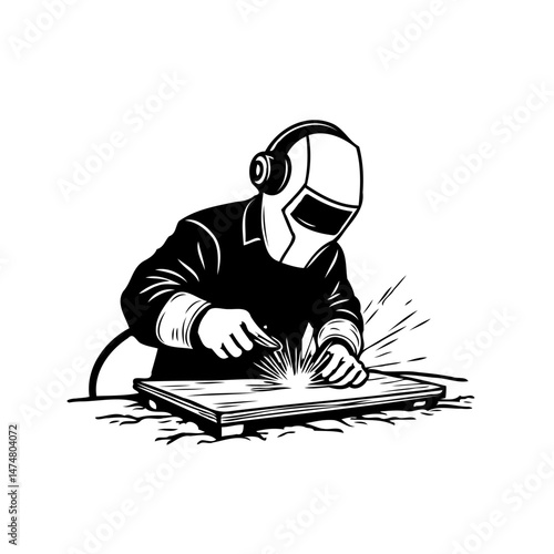 Monochrome depiction of a skilled tradesman welding metal with safety equipment