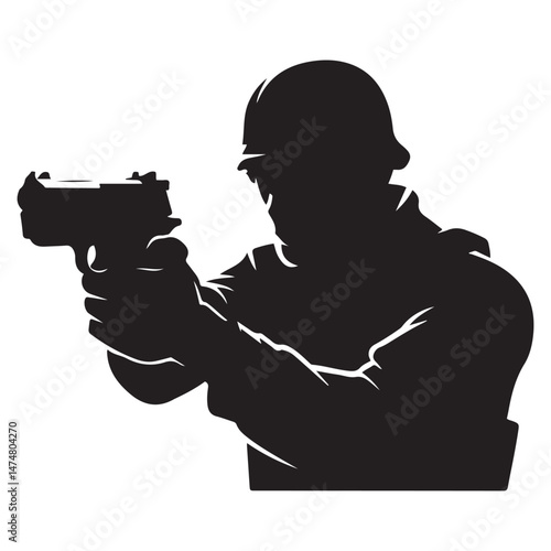 A crouching military army soldier or police swat man or person aiming a gun or handgun or pistol weapon silhouette shadow. War troops icon or symbol Vector Black silhouette. with white background