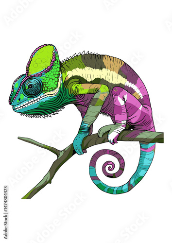 Colorful Chameleon on a Branch  animal Illustration isolated