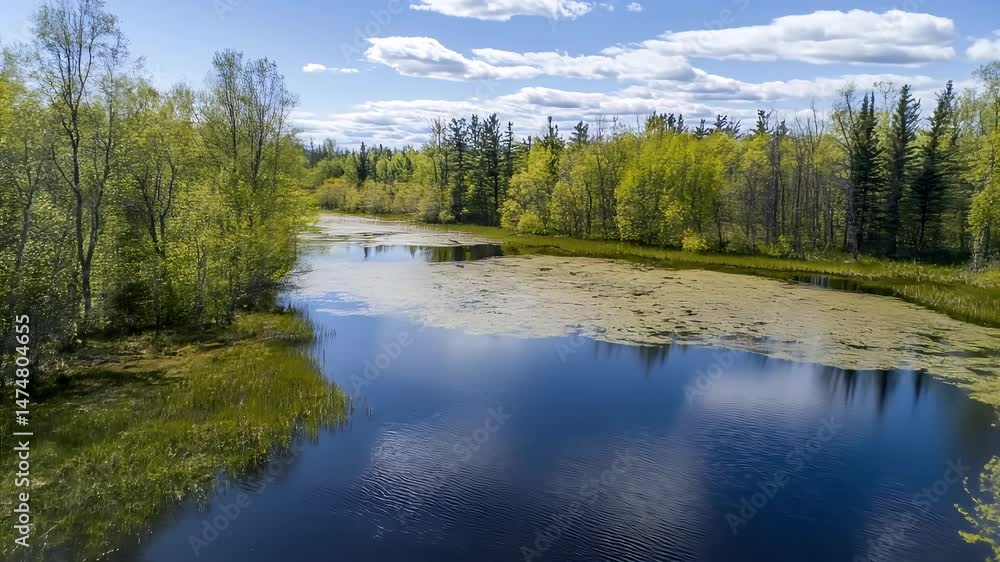 Dark Blue River Reflecting Sky Surrounded by Green and Yellow Trees Under Bright Blue Sky Dark Blue River Reflecting Sky Surrounded by Green and Yellow Trees Under Bright Blue Sky