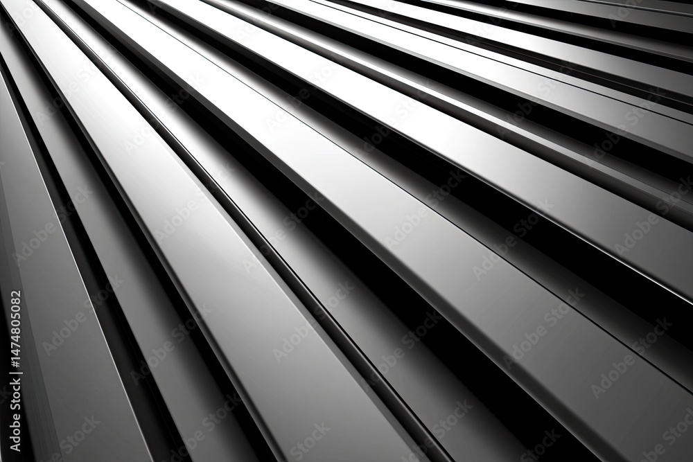 Abstract metallic, angled, grooved surface. Parallel lines converge to a point, creating depth and perspective Abstract metallic, angled, grooved surface. Parallel lines converge to a point, creating depth and perspective
