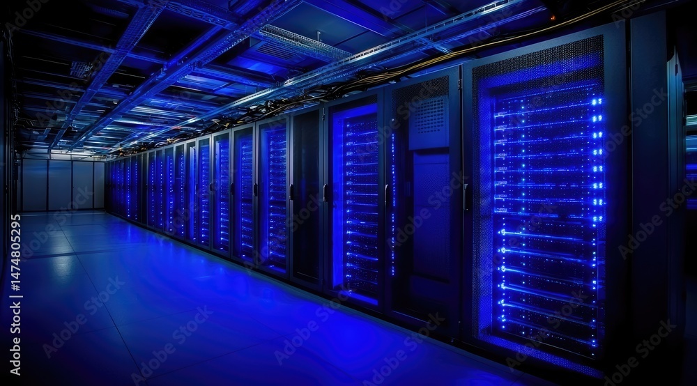 Fototapeta premium Long corridor of server racks with bright blue LEDs in a modern data center, representing advanced storage technology and enterprise-level cloud computing