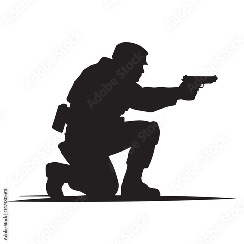 A crouching military army soldier or police swat man or person aiming a gun or handgun or pistol weapon silhouette shadow. War troops icon or symbol Vector Black silhouette. with white background