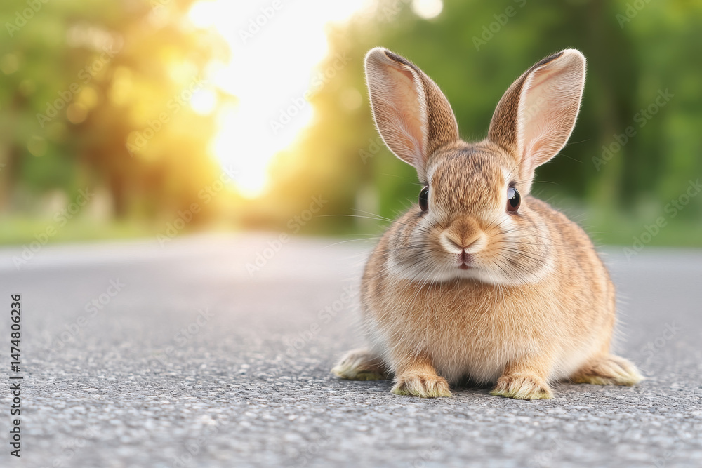 Fototapeta premium Curious rabbit sitting on a country road surrounded by nature creating a playful scene of wildlife interaction